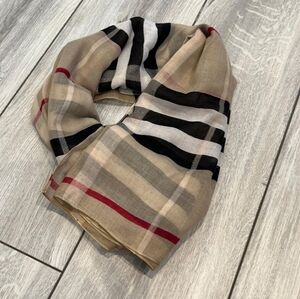 Lightweight Plaid Scarf ~Red, Cream Tan and Black Stripes